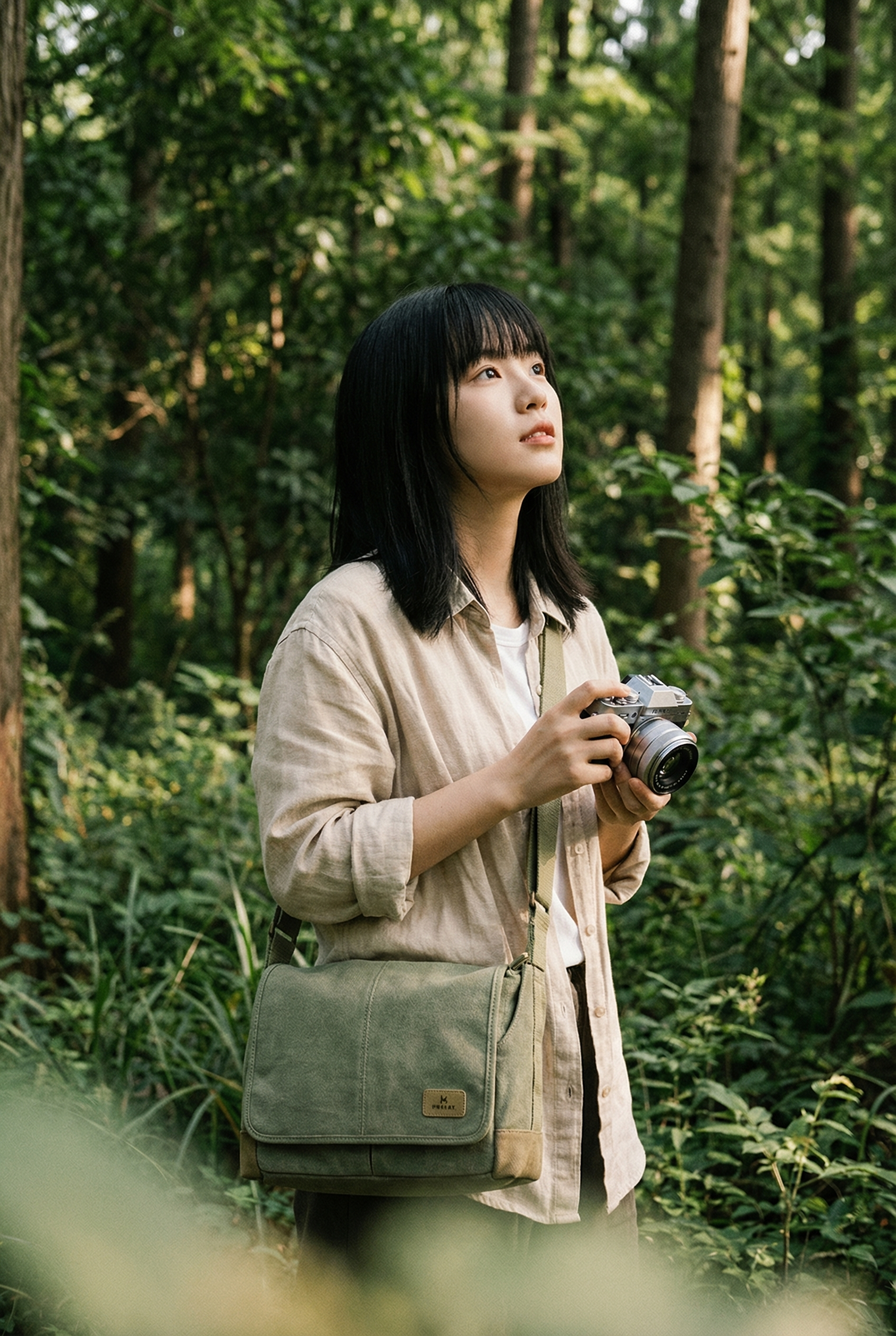 户外森林场景，日系清新人像，年轻女生齐肩黑发齐刘海，身着米白宽… - 图片创意预览