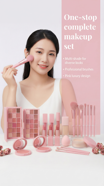 跨境电商移动端详情页首屏设计图，宽度750像素，宽高比9:16，全套粉色系彩妆产品，左侧产品场景展示，右侧英文卖点文案区域，核心卖点："One-stop complete makeup set, Mu预览效果
