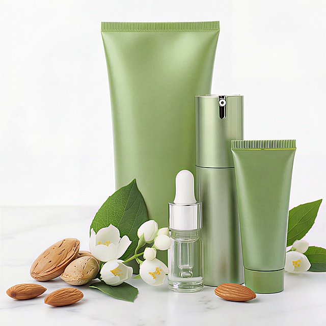 跨境电商正方形主图，尺寸1:1，绿色系天然护肤套装产品，放置在白色大理石台面，搭配杏仁和茉莉花点缀，产品整体突出占画面主体，背景纯净浅白色调，符合亚马逊主图规范，无多余杂物，光线柔和通透，清晰展现产品包装质感和天然植物护肤定位，严格锁定1:1比例。