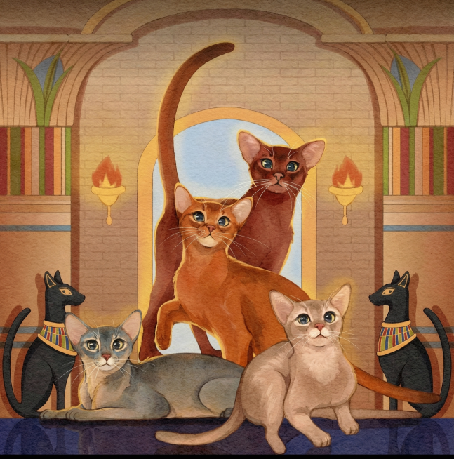 保留原图的背景和整体构图，去除画面中所有的文字和字体，将四只阿比西尼亚猫咪分别修改为指定的四种颜色：第一只红棕色像烧红的陶土或野兔色，第二只红色像肉桂色，非常温暖的橘红且没有黑色毛尖，第三只蓝色温暖的预览效果