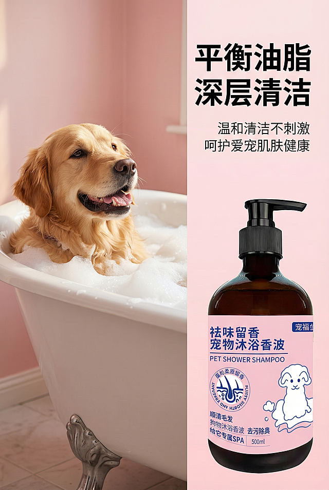 2:3 竖屏，严格还原上传的宠物沐浴香波产品图，包括包装设计、颜色、LOGO位置、文字内容、图案元素等所有细节，去掉无关的背景杂物或者手，产品尺寸比例保持1:1。整体采用治愈温馨的洗护场景风，主色调为柔粉色，背景为浅粉色渐变，左侧放置金毛狗狗在浴缸中享受洗澡、泡沫丰富的高清实拍图，产品图放置在画面右下角，主标题"平衡油脂 深层清洁"右对齐，使用加粗无衬线黑体，副标题"温和清洁不刺激 呵护爱宠肌肤健康"右对齐，使用细体无衬线字体，排版左图右文，信息层级分明，高清8K分辨率，整体视觉统一无割裂感。负面提示词：不要狗狗脏污图，不要画面杂乱，不要产品变形，不要出现手，不要低清画质，不要画面割裂感，不要错误配色，不要字体混乱，不要实拍图模糊。