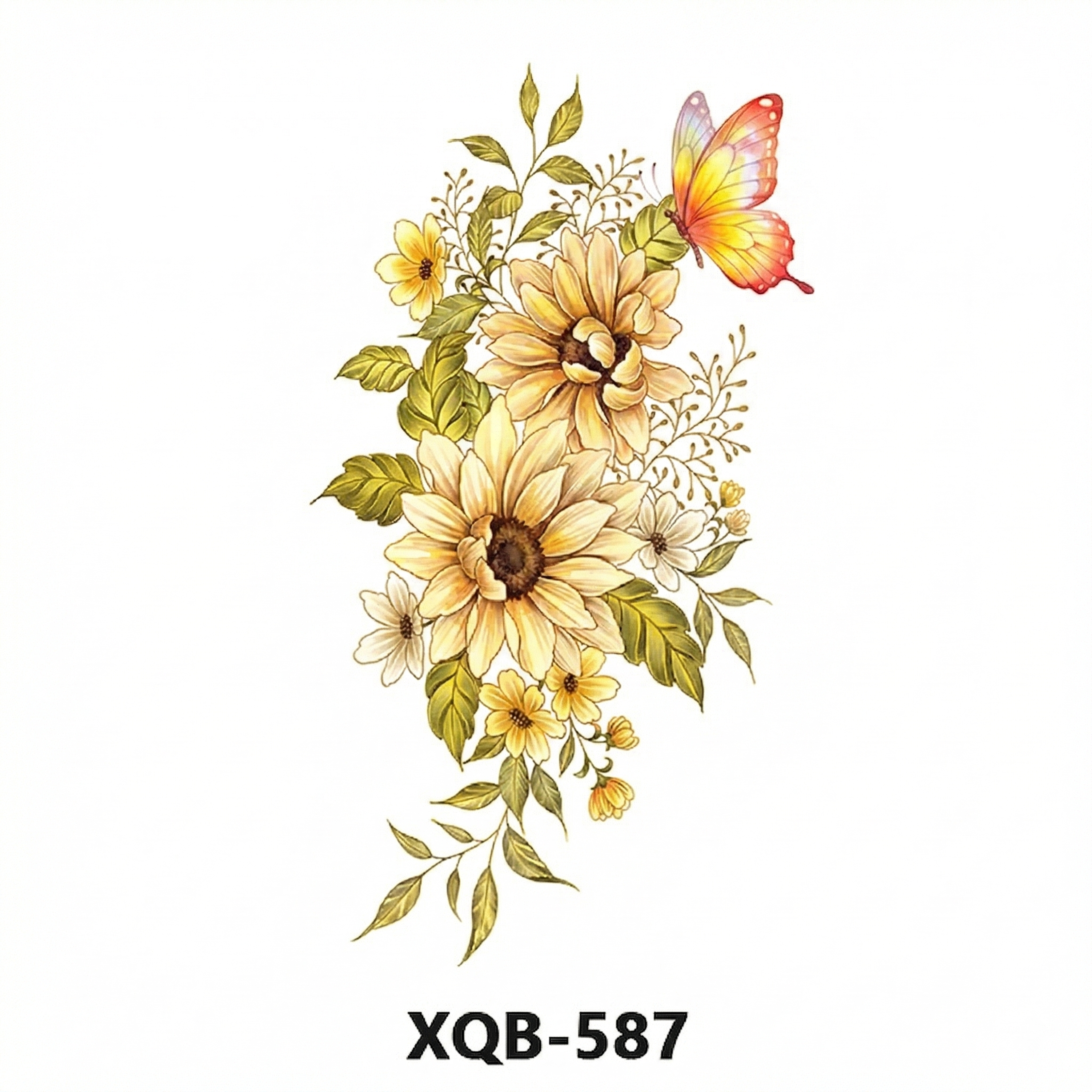 将黑白向日葵花束纹身渲染为偏黄色调的绚丽彩色：大朵向日葵花瓣为… - 图片创意预览