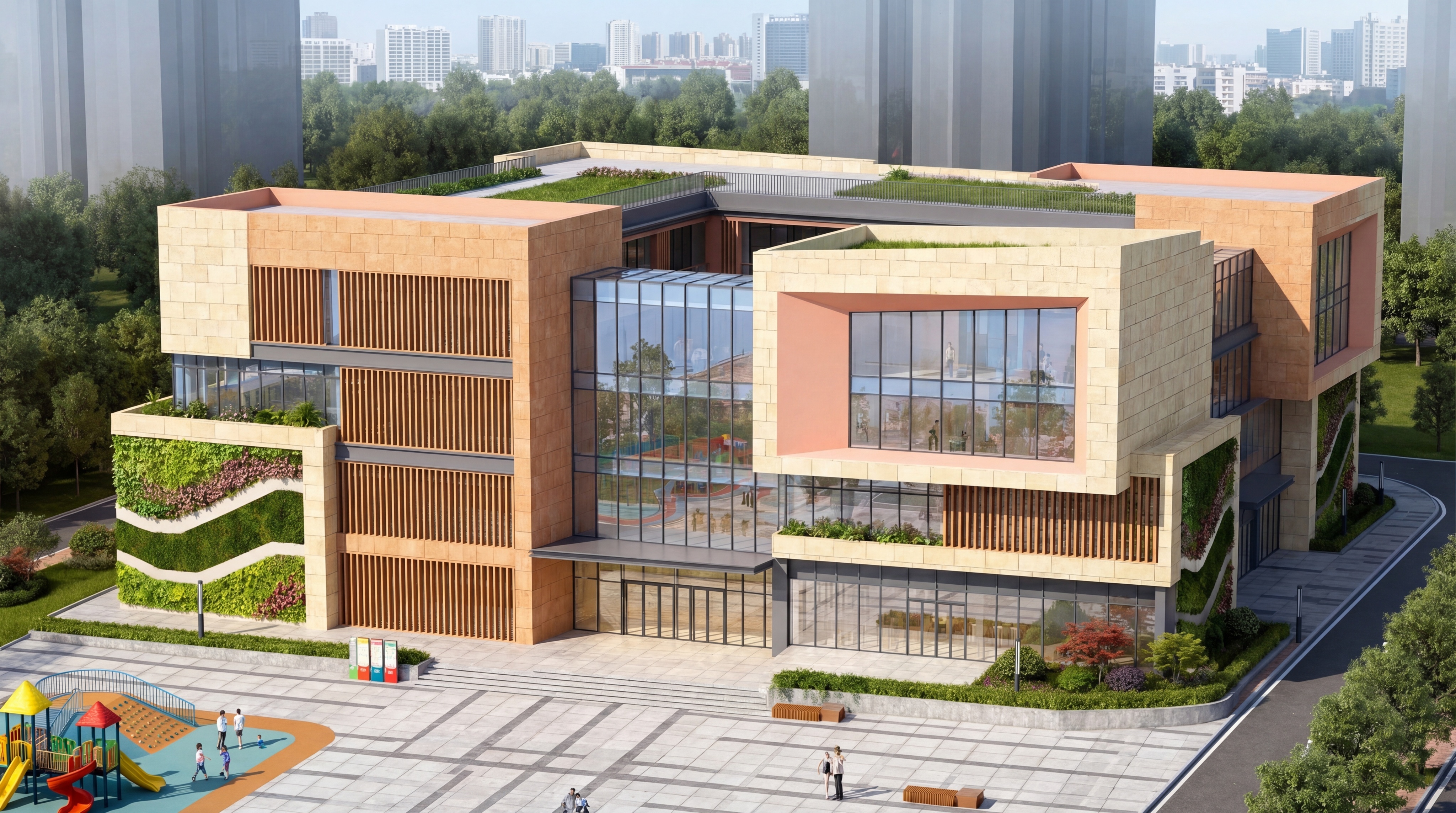 根据这张鸟瞰效果图，生成该建筑的正立面透视图效果图，保留原建筑… - 图片创意预览
