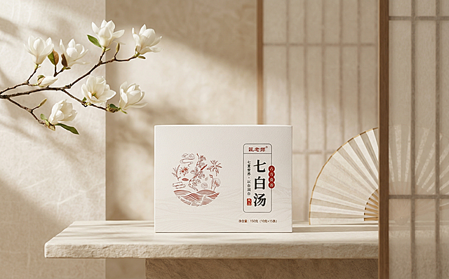 保持产品七白汤包装盒的物理结构、文字和图案绝对不变，仅替换背景生成新场景。
包装盒放置在干净的浅色原石台面上，背景是干净的宣纸纹理中式书房，营造通透雅致的氛围。
全屋漫射柔光，低对比度，整体偏暖米色调，阴影柔和，治愈温馨。
点缀半开的宣纸折扇和一枝新鲜玉兰花，枝叶带自然光斑，打破单调。
商业高端养生产品摄影，4K分辨率，极高材质细节，保持产品原样不变形。严格锁定宽高比为 16:10。