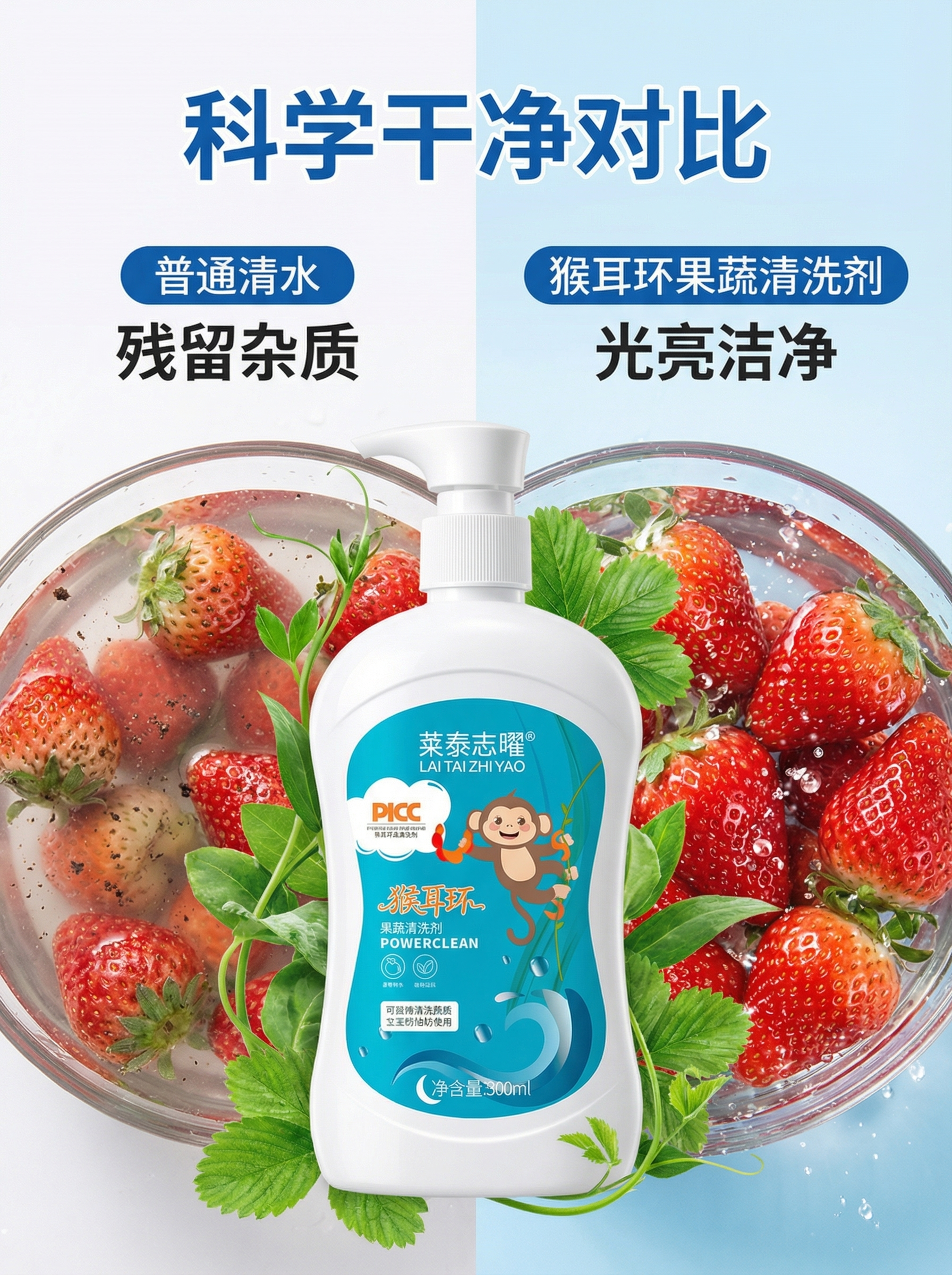 科学干净对比海报，分屏设计，左半部分展示普通清水洗草莓，表面带… - 图片创意预览
