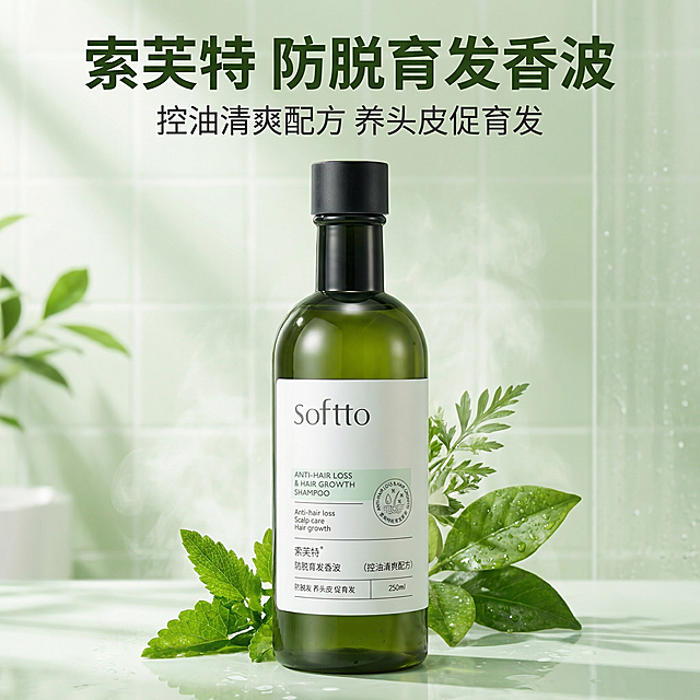[主图 1] 索芙特防脱育发洗发水品牌首图
[氛围风格] 纯净自然科技感，清新通透高级，真实产品质感
[画面元素] 商业摄影质感、光线柔和通透、产品清晰真实、画面干净高级。产品瓶身居中放置，保留产品原有外观和文字信息，背景为清新的浅绿渐变浴室场景，带有淡淡的水雾和自然绿植点缀，突出瓶身的通透感和天然感，整体无边框大图满铺
[配色色系] 主色调：浅清新自然绿；辅助色：纯白背景，绿叶鲜绿色点缀
[视角构图] 正前方平视，产品居中，景深适中，背景简洁
[文字版式] 顶部负空间居中对齐，主标题 "索芙特 防脱育发香波" 深绿色大号无衬线粗体；副标题 "控油清爽配方 养头皮促育发" 字号缩小一半，深灰色紧挨主标题下方，保持强对比清晰易读，不遮挡主体产品
[比例分辨率] 1:1 比例，4K 分辨率，文字清晰可辨，超高清，JPG格式
[负向提示词] AI文字标识，变形，水印，文字错乱，产品图模糊，背景杂乱，牛皮癣，配色刺眼，遮挡主体