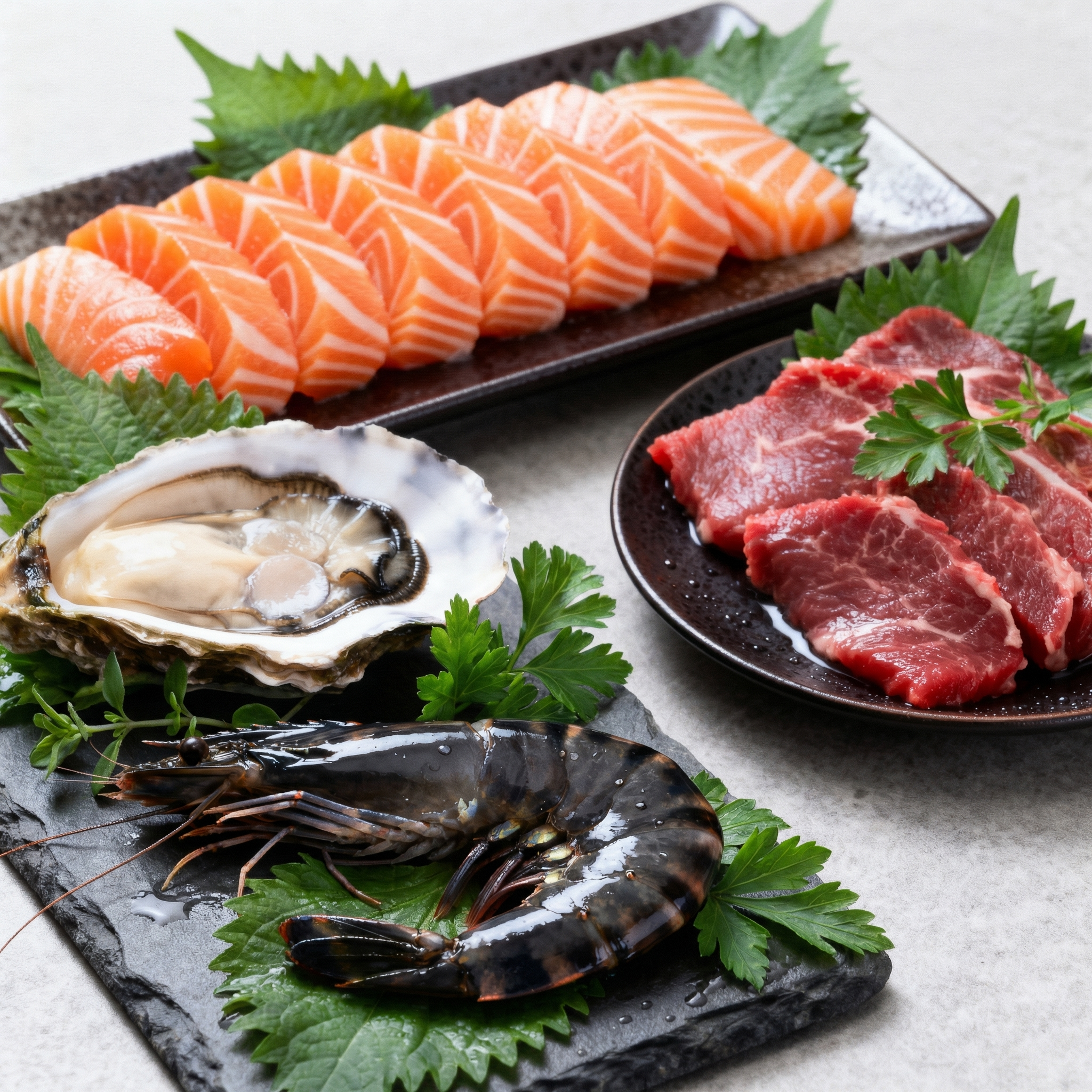 在原有海鲜鲜切牛肉拼盘基础上，添加绿色树叶做点缀，做成高清质感… - 图片创意预览