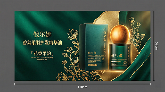制作俄尔娜香氛柔顺护发精华油横版海报，包含图中产品，高端典雅风格，墨绿色金色配色，尺寸宽110厘米高57厘米，横版构图适合展示