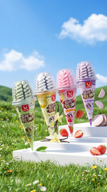 基于原有的四款爱尚梦幻脆筒冰淇淋摆拍场景，添加草莓块、芋头块、香草荚和抹茶叶片作为装饰辅助元素，保持原构图和9:16比例，4K清晰度预览效果
