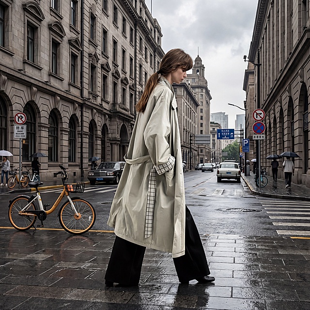将模特融入上海外滩民国风历史建筑街道场景，阴天氛围感，浅灰色oversize中长款风衣，格纹内衬，黑色阔腿西裤，低马尾棕发欧美模特，自然松弛姿态，电影感构图，真实光影，细节拉满，商业时尚大片，专业修图，高对比度，通透质感，城市街景，复古建筑，现代穿搭，氛围感拉满，无水印，高清细节，真实皮肤质感，服装面料纹理清晰，环境透视准确，景深效果，专业摄影，8K分辨率，超精细细节，真实街景，自然光线，高级灰调，低饱和色调，极简主义，松弛感，高级感穿搭，城市漫步，时尚街拍，建筑细节丰富，包含真实街景元素（共享单车、交通标识、车辆），真实环境融合，自然透视，真实比例，无违和感，专业合成，真实光影融合，环境氛围统一，高级灰调，低饱和色调，极简主义，松弛感，高级感穿搭，城市通勤风，复古与现代融合，上海街景，历史建筑，真实场景，模特穿搭展示，服装细节清晰，风衣版型展示，穿搭参考，真实人像，真实服装，真实环境，真实光影，真实透视，真实比例，真实融合，专业级效果，8K超高清，极致细节，电影级质感，氛围感拉满，高级感拉满，松弛感拉满