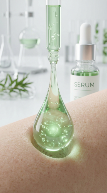 Macro shot of a drop of tea tree salicylic acid serum penetrating into human skin pores. Visualizing预览效果