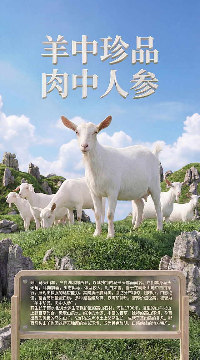 保持海报整体构图、风格、尺寸、山羊和背景不变，只修改底部展板上的文字，完整修改为："郧西马头山羊，产自湖北郧西县，以其独特的马形头部而闻名。它们羊身马头无角，耳向前垂，步态似马，体型较大，毛白如雪。善于在崎岖山地中自由穿行，展现出极强的适应能力。其肉质细腻鲜美，脂肪分布均匀，膻味小，口感绝佳，富含高质量蛋白质、多种氨基酸及锌、铁等矿物质，营养价值极高，被誉为“羊中珍品，肉中人参”。       其生长于南水北调水源生态保护区的高山石林，海拔1700米。这里的山羊以山上野百草为食，汲取山泉水。纯净的水源、丰富的百草，独特的高山环境，孕育出品质优良的马头山羊。它们在这片净土上悠然生长，成就了其肉质的非凡。郧西马头山羊也因这得天独厚的生长环境，成为特色鲜明、口感绝佳的地方特产。"，保证文字完整清晰显示。