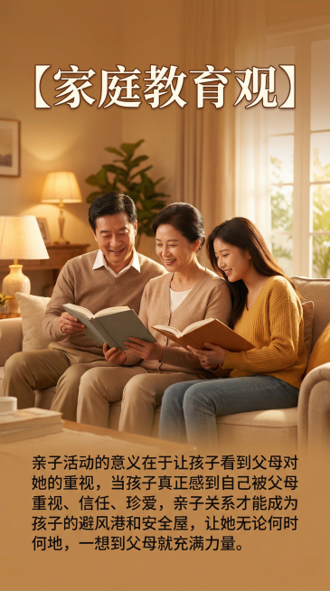 生成一张家庭教育宣传图，画面上只有一对中年中国父母和一个中国大学生女孩，三人坐在温馨的客厅沙发上一起看书，氛围温暖幸福。图片上方必须有清晰正确的中文文字"【家庭教育观】"，图片下方必须有清晰正确的中文预览效果