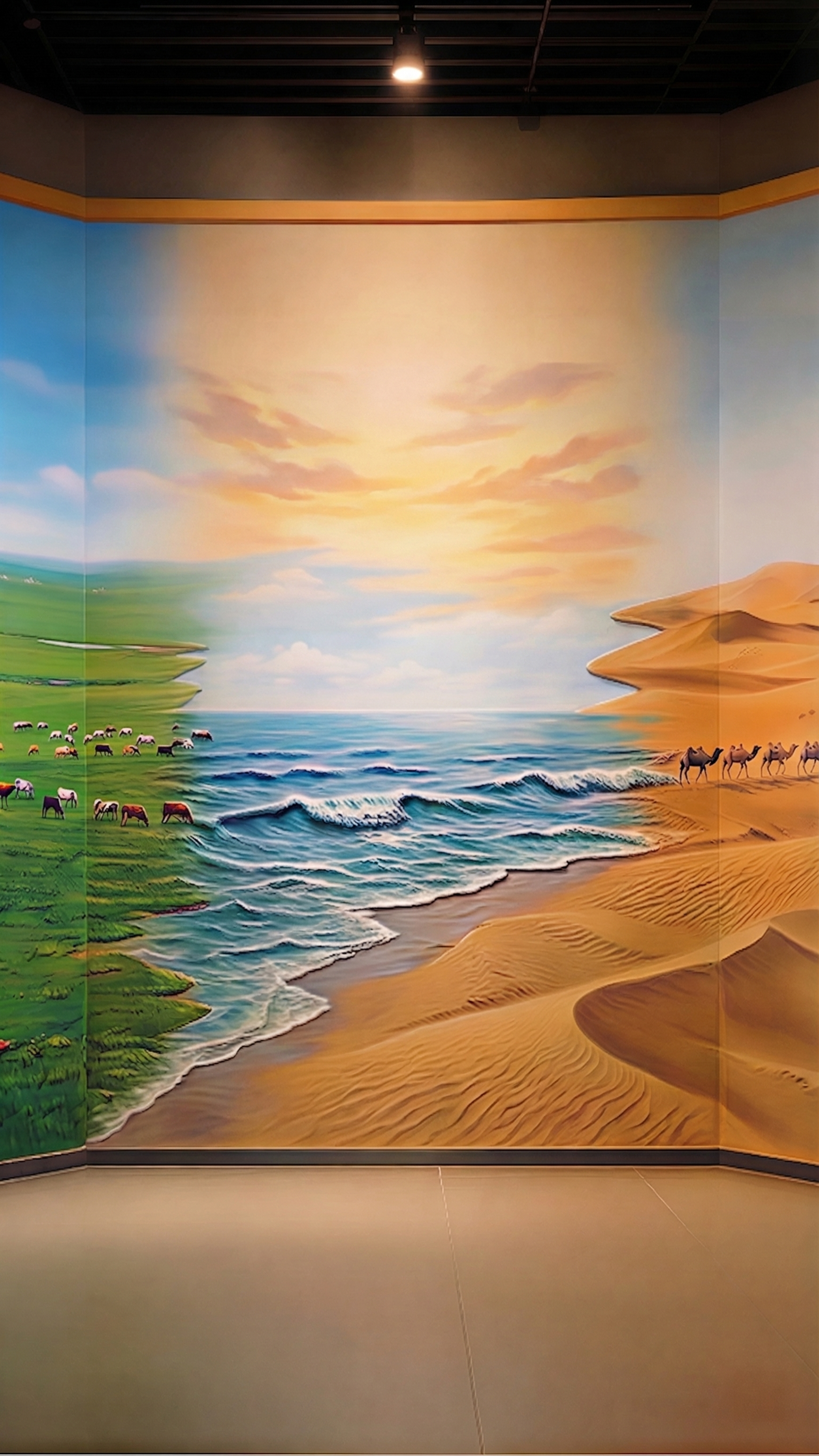 移除画面上的红色'河北'文字，保持背景的草原、大海、沙漠和动物… - 图片创意预览
