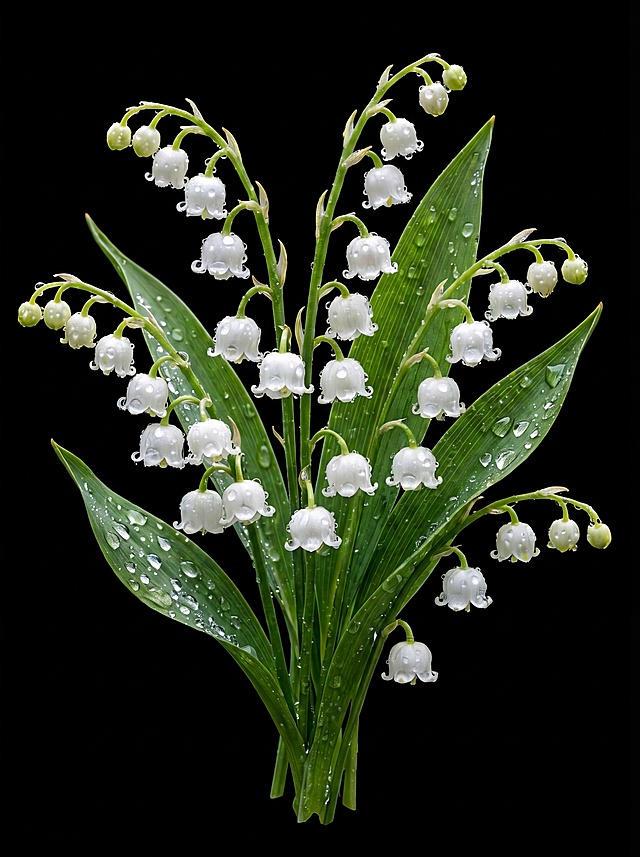 按照参考图的花束形状生成写实的铃兰花束图片，叶子与花朵上带有晶莹的露珠，真实摄影质感，细节清晰
