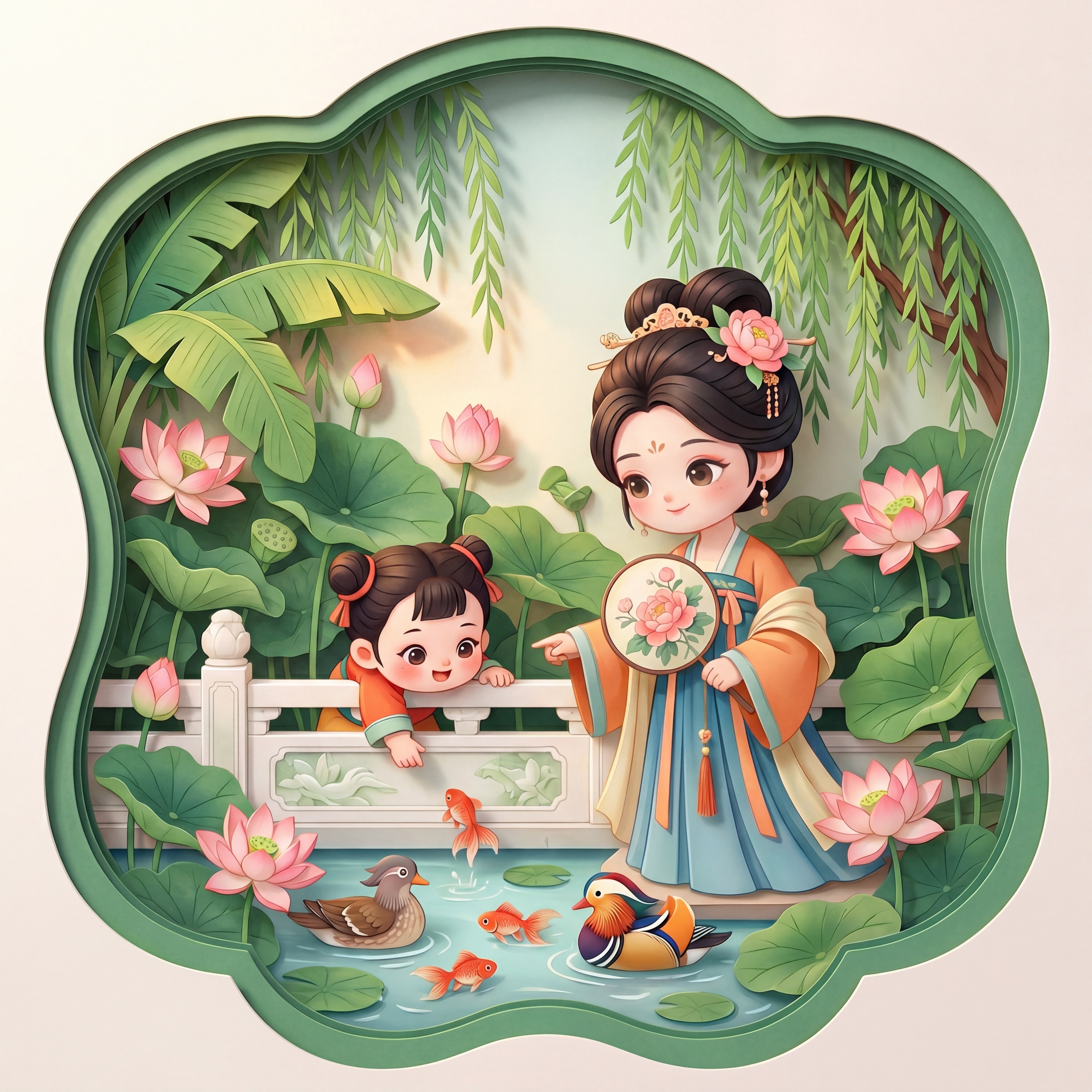 严格依据第二张图的Q版仕女IP形象（蓝底长裙+橙袖+花钿+高髻… - 图片创意预览