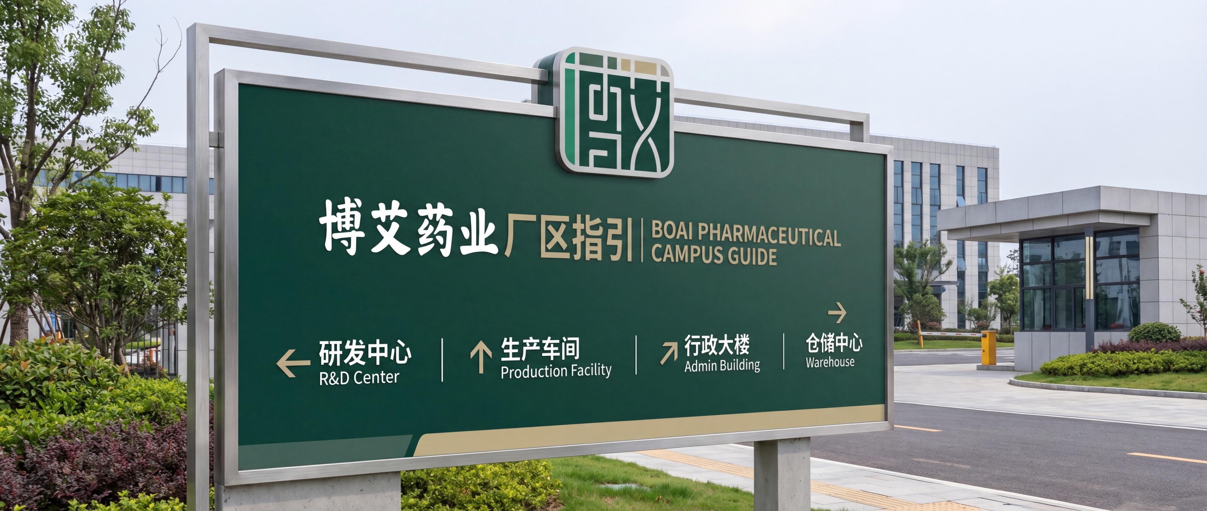 设计一个博艾药业的户外指示导视牌，使用上传的博艾药业logo，… - 图片创意预览