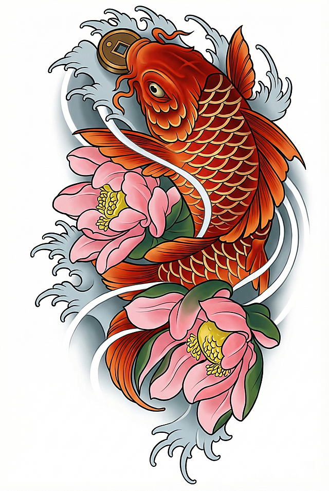 将这张锦鲤牡丹纹身线稿渲染为传统彩色：锦鲤鳞片为正红色渐变到橘红色，鱼鳞边缘做浅金高光，鱼头上方铜钱做棕黄配深灰，浪花做浅灰蓝色；两朵牡丹花花瓣为柔粉色，花心鹅黄色，叶片深绿色；整体传统纹身彩色风格，色彩浓郁饱满，保留所有线条细节，纯白色背景，竖向构图，色彩过渡自然