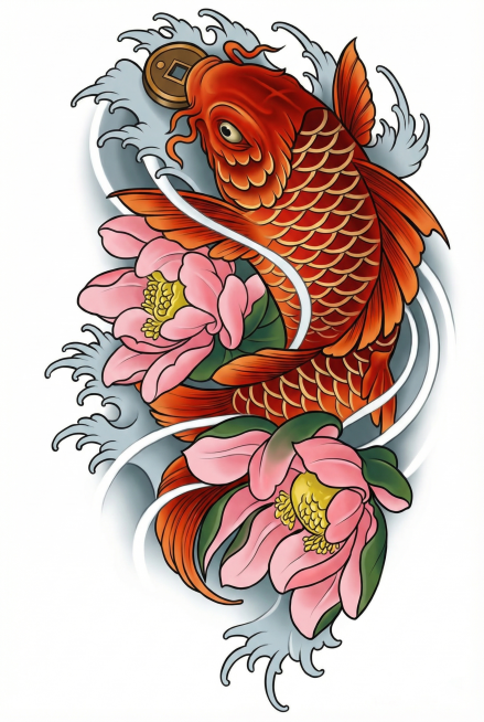 将这张锦鲤牡丹纹身线稿渲染为传统彩色：锦鲤鳞片为正红色渐变到橘红色，鱼鳞边缘做浅金高光，鱼头上方铜钱做棕黄配深灰，浪花做浅灰蓝色；两朵牡丹花花瓣为柔粉色，花心鹅黄色，叶片深绿色；整体传统纹身彩色风格，预览效果