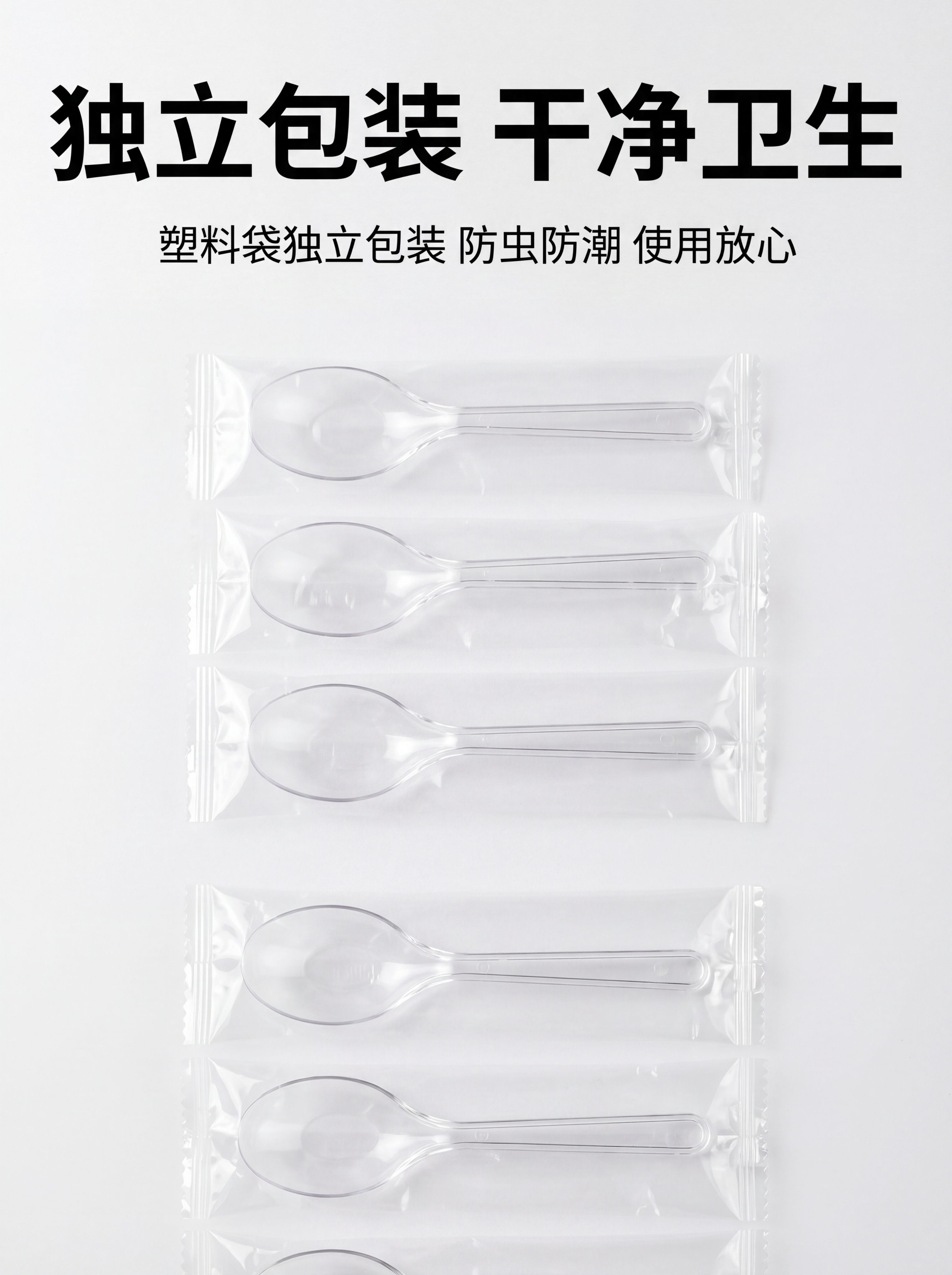 完全重绘，保留多把独立包装的透明一次性中华勺主体，更换干净简约… - 图片创意预览