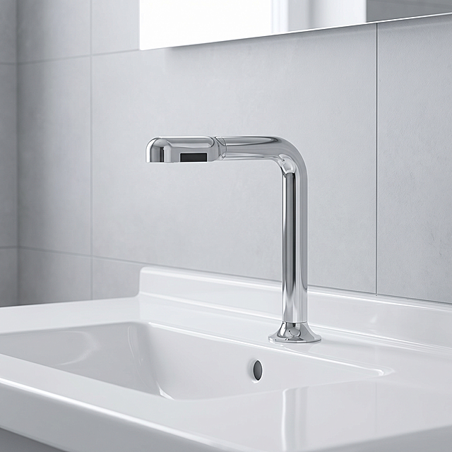 保持感应龙头产品本身的外观、结构和材质完全不变，放置在现代化医院卫生间的洗手台场景中。卫生间为干净明亮的浅灰色瓷砖墙面，白色陶瓷洗手盆，整体环境整洁卫生，符合医疗场所卫生要求。采用全屋漫射柔光，低对比度，阴影柔和，画面明亮干净，低饱和莫兰迪色调，商业摄影构图，中心构图平视拍摄。商业级4K画质，画面通透干净，严格锁定宽高比为1:1，保持产品物理结构不变，严禁变形扭曲穿模。负向词：西方面孔,金发,深眼窝,雀斑,杂乱房间,死黑阴影,硬光,乡村风,高对比度,欧美妆容,变形,扭曲,悬空,比例失调