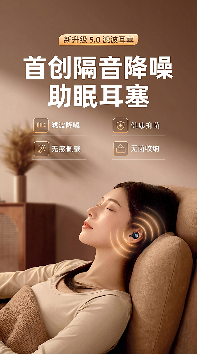 使用图1里的耳塞产品，生成一张女人躺着佩戴这款耳塞的场景海报，参考图2的构图和文案排版，文案排版为：顶部标签'新升级 5.0 滤波耳塞'，大标题'首创隔音降噪助眠耳塞'，四个卖点分别是滤波降噪、健康抑菌、无感佩戴、无菌收纳，色调和图2保持一致，暖棕色暖调风格，保留降噪波纹效果，相似度控制在50%，产品使用图1的耳塞，竖版9:16比例，4K高清