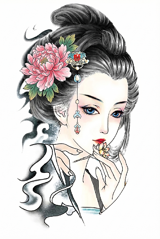 生成一个和原图风格类似的日式艺妓插画，在头发上添加一朵菊花或者樱花，保留纯白色背景，保持整体构图为竖版头像纹身稿风格