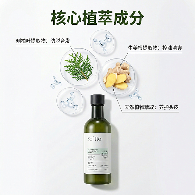 [主图 2] 索芙特洗发水核心功效成分解析
[氛围风格] 专业科研感，简约干净，通透清爽
[画面元素] 商业摄影质感，光线柔和通透，细节清晰真实，画面干净高级。产品瓶身放置在画面下半部分居中，上方悬浮天然侧柏叶提取物、生姜根等防脱植萃元素，搭配细腻3D水分子结构，纤细引线标注对应功效，整体排版疏密得当
[配色色系] 主色调：浅绿+米白；辅助色：深灰文字、原木色植萃点缀
[视角构图] 俯视平铺构图，中心聚焦产品，背景干净留白充足
[文字版式] 顶部标题 "核心植萃成分" 深绿色粗体；每个成分用细线连接到对应元素，小字标注对应功效：防脱育发 控油清爽 养护头皮，所有文字不遮挡产品主体，清晰易读
[比例分辨率] 1:1 比例，4K 分辨率，文字清晰可辨，超高清，JPG格式
[负向提示词] AI文字标识，变形，水印，文字错乱，产品图模糊，背景杂乱，信息违规