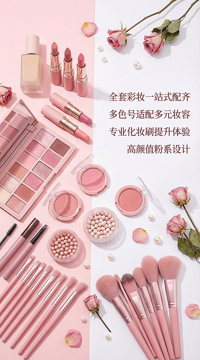淘宝电商产品详情页首屏设计图，宽750像素，风格ins少女风，主体是全套粉色系彩妆产品平铺展示，包含粉底液、口红、眼影盘、腮红、化妆刷等全部单品，清晰展示产品细节和色彩层次。左侧产品展示，右侧预留核心卖点文字区域，卖点文案："全套彩妆一站式配齐，多色号适配多元妆容，专业化妆刷提升体验，高颜值粉系设计"。整体色调柔粉色，背景浅白干净，光线柔和自然，构图清晰，符合淘宝详情页首屏版式，宽高比 9:16，主体突出，信息层级分明，适合手机端浏览。