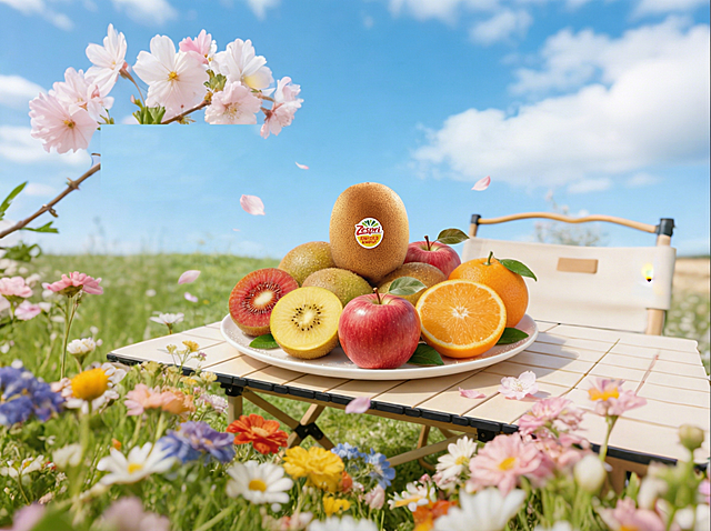 将原图盘子中偏下位置的深蓝色蓝莓原位替换为新鲜完整的红苹果，打破旧物轮廓束缚，用真实苹果的物理结构重新定义该区域。新产品保持旧物的摆放角度、透视关系与底部接触点，不漂浮、不偏移，完美融合进画面，仅替换蓝莓，保持其他所有元素、背景、光影和构图完全不变，重置该区域光影，添加自然接触阴影，消除边缘违和感。严格锁定宽高比为 4:3，4K分辨率。