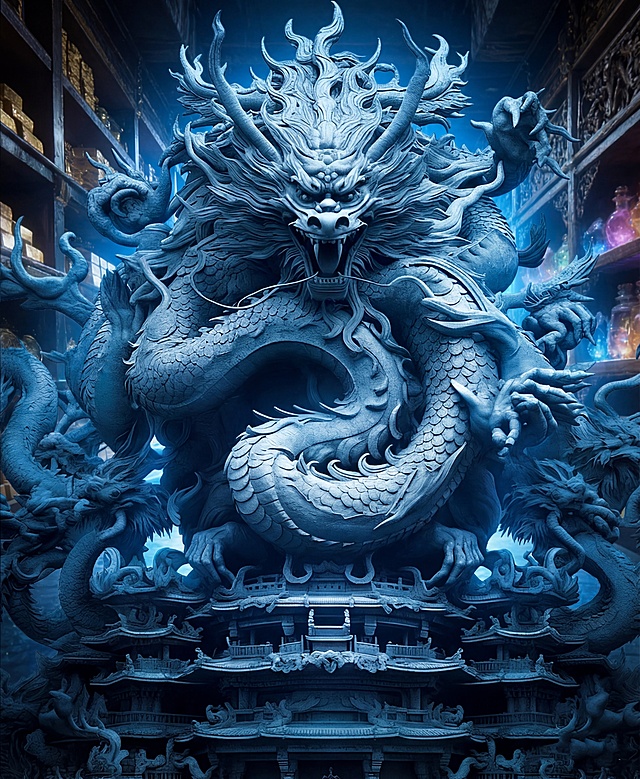将图中的九龙石雕放到这幅地下室藏宝室的画面最远处，石雕周围萦绕散发着蓝色的光，统一地下室和雕塑的光影，场景在室内，没有阳光照射，保持整体氛围和谐