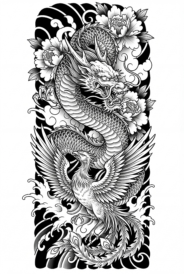 保留上方牡丹背景构图，将般若面具替换为一条有气势的日式龙，把下方三条锦鲤替换为一只展翅凤凰，整体保持日式老传统纹身风格，维持纯白色干净背景，保留原有线条细节，风格协调统一，竖向构图不变