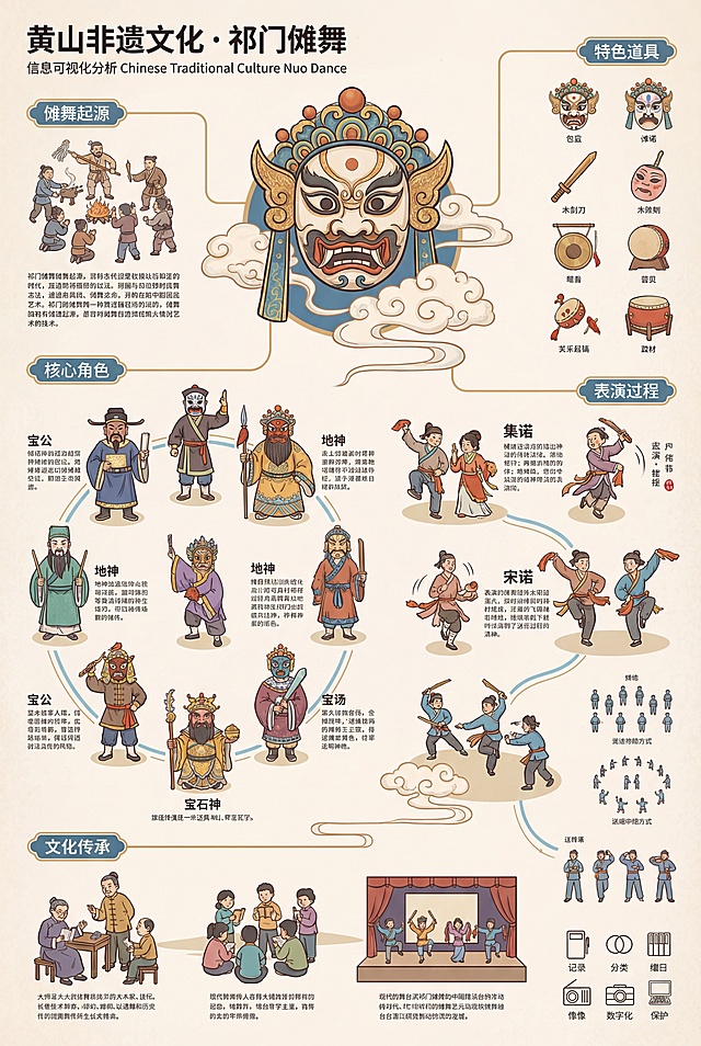 重新生成一张黄山非遗文化祁门傩舞的信息可视化设计图，参考原鱼灯模板国潮插画风排版布局，整体浅蓝色暖调，竖版构图，包含傩舞起源、角色、道具、表演、传承分区内容，国潮手绘风格