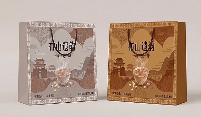 将布山遗韵藕粉包装盒设计转换为类似参考图的手提袋设计，保留原图案：汉代古城阙、云雷纹、藕粉碗，暖灰+赭石棕色调，文字：主标题“布山遗韵”， slogan“千年布山味，一碗藕香浓”，小字“贵港·布山古郡文化藕粉”，保留统一菱形回纹边框，做成和参考图一样展示角度，整体风格统一。