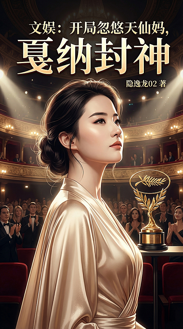 根据参考图片制作小说封面，书名：文娱：开局忽悠天仙妈，戛纳封神，笔名：隐逸龙02 著。主体是东方美人，戛纳国际影坛封神时刻，人物为3/4侧脸，下颌微扬看向右上方，从容自信淡然表情，香槟金丝缎礼服，低盘发带碎发，舞台光效。背景为戛纳卢米埃尔剧院，右侧金棕榈奖杯，舞台追光氛围感。香槟金深红暗色调，按要求排版文字。