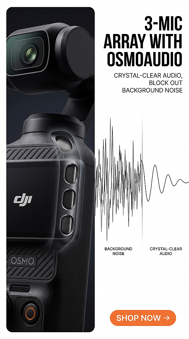 严格还原上传的 DJI Osmo Pocket 3 产品图所有细节，包括包装设计、颜色、LOGO 位置、文字内容、图案元素，产品尺寸139.7×42.2×33.5mm，重量179g。欧美高端科技杂志风，整体风格统一高级，无割裂感，光影通透，色彩精准，8K超高清，锐度拉满。布局：左半部分放大放置DJI Osmo Pocket 3麦克风开孔特写，突出3麦克风阵列细节，暗调背景；右半部分放置收音效果对比波形图，左侧为嘈杂背景噪音波形，右侧为纯净人声波形。文字排版：右上部主标题"3-MIC ARRAY WITH OSMOAUDIO"，粗体无衬线大写，右对齐超大字号；主标题下方是副标题"CRYSTAL-CLEAR AUDIO, BLOCK OUT BACKGROUND NOISE"，细体无衬线大写，右对齐；右下角放置圆角矩形CTA按钮，橙色底色，白色大写文字"SHOP NOW →"。杂志级音频科技排版，突出收音优势，细节拉满，对比强烈，高级感拉满。