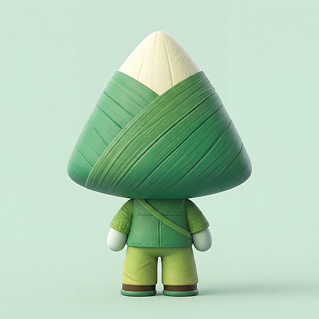 生成这个粽子IP盲盒形象的背后面视角三维展示图，保持原形象的三角粽子造型、绿色衣服配色设计，做立体三维渲染，呈现产品盲盒的质感，纯色背景突出主体