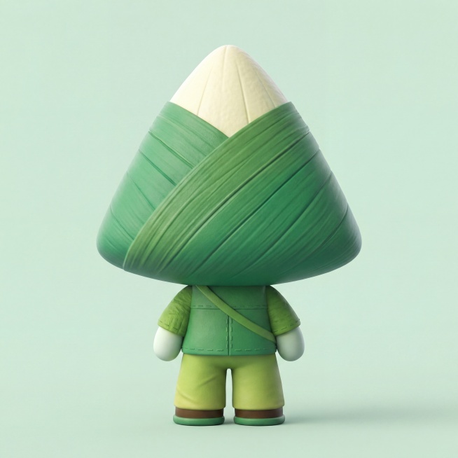 生成这个粽子IP盲盒形象的背后面视角三维展示图，保持原形象的三角粽子造型、绿色衣服配色设计，做立体三维渲染，呈现产品盲盒的质感，纯色背景突出主体预览效果