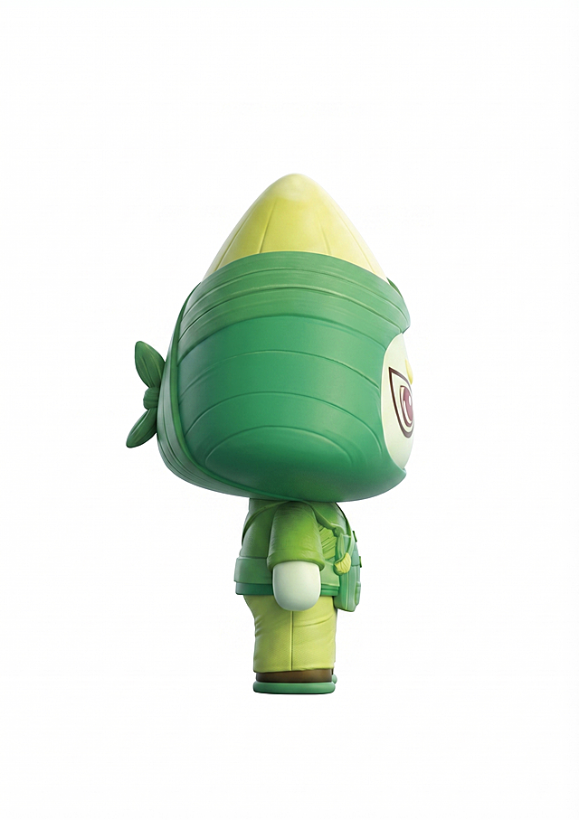 生成这个粽子IP盲盒形象的左侧边视角三维展示图，展示侧面轮廓细节，保持原形象三角粽子造型和绿色系配色，立体三维渲染，产品盲盒质感，纯色背景突出主体