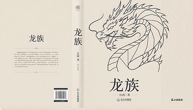 简约风格的龙族书籍完整版面设计，包含封面、书脊和封底整体展开图，设计极简干净，封面用几何线条勾勒出简约龙形轮廓，搭配干净的字体标题"龙族"，书脊仅保留必要文字信息，封底留白设计简洁，低饱和度配色，现代简约美学，专业书籍装帧