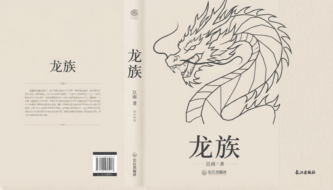 简约风格的龙族书籍完整版面设计，包含封面、书脊和封底整体展开图，设计极简干净，封面用几何线条勾勒出简约龙形轮廓，搭配干净的字体标题"龙族"，书脊仅保留必要文字信息，封底留白设计简洁，低饱和度配色，现代预览效果