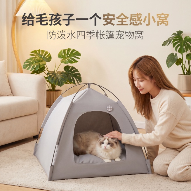 生成一张1:1正方形竖版的电商主图，高清8K，轻奢温暖奶油风，暖调柔光，ins风轻奢家居场景，包含浅米色短绒地毯，奶油色布艺沙发，龟背竹绿植点缀，暖光落地灯营造氛围，画面中心严格保留浅灰色嬉引力猫狗帐预览效果