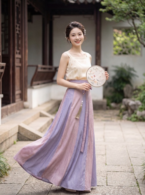 基于图中的紫粉色渐变暗纹半身裙，生成真人女子全身图，重点展示这条半身裙，女子面带微笑，手拿团扇，清风浮动裙摆，整体氛围雅致预览效果