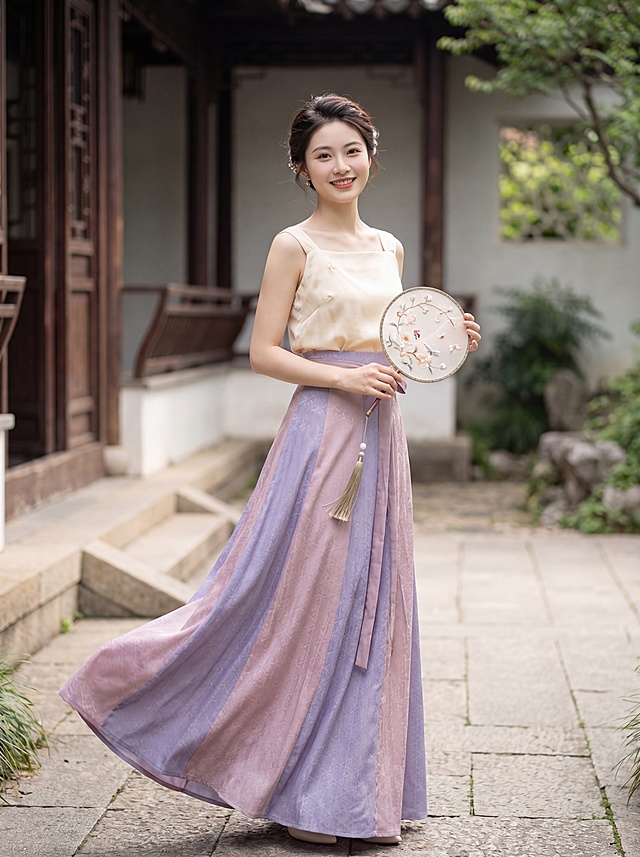 基于图中的紫粉色渐变暗纹半身裙，生成真人女子全身图，重点展示这条半身裙，女子面带微笑，手拿团扇，清风浮动裙摆，整体氛围雅致