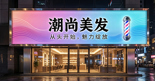 重新优化设计美发店发光招牌，保留主文字“潮尚美发”和副标题“从头开始，魅力绽放”以及理发店转灯图标，提升招牌质感，让色彩渐变更自然，线条更流畅，整体清晰精致，街头夜景门店招牌效果