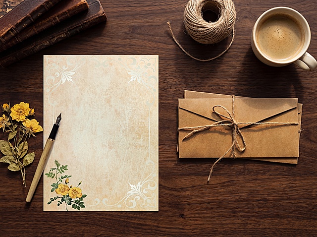 俯拍视角，参考图中的信纸和信封套装放置在深棕实木桌面，左侧为信纸，右侧为信封，信封叠放在信纸上，左上角摆放复古书本，右上角放置一卷麻绳和一杯米白咖啡杯，信纸旁放一只钢笔和复古花，4k高清，整体自然，信纸信封保持参考图样式，信纸信封为主体且清晰