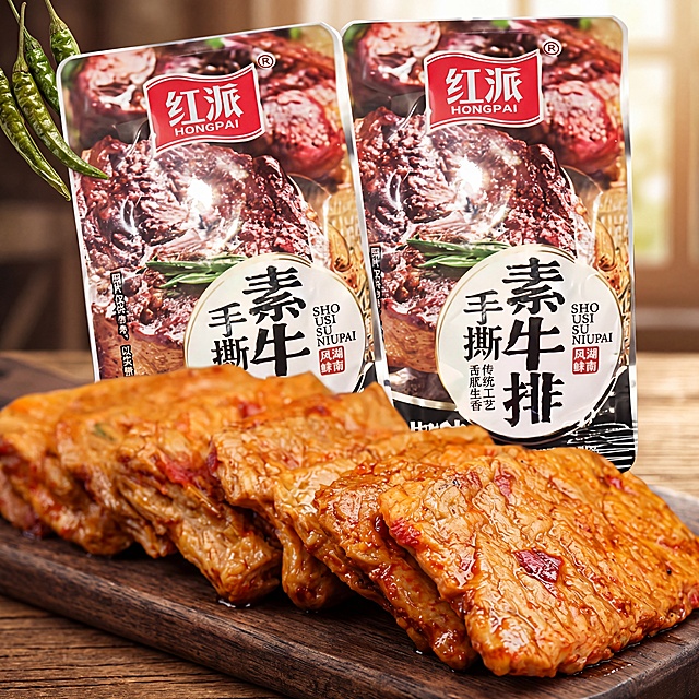 红派手撕素牛排产品，保持产品本身物理结构绝对不变，保持原有包装文字和Logo不变，严禁扭曲变形。
平稳摆放在深色原木砧板上，背景为暖调复古木质餐桌，拉开景深。
暖调午后窗光，柔和侧逆光，突出素牛排的纹理质感，营造诱人食欲氛围。
左上角点缀新鲜绿色干辣椒，增加生机和食欲感。
商业高端美食摄影，4K分辨率，极高材质细节，极具食欲。严格锁定宽高比为 1:1。

变形,扭曲,穿模,包装变形,Logo融化,食物腐烂,昏暗,悬空,比例失调,杂乱背景,同类食品重复