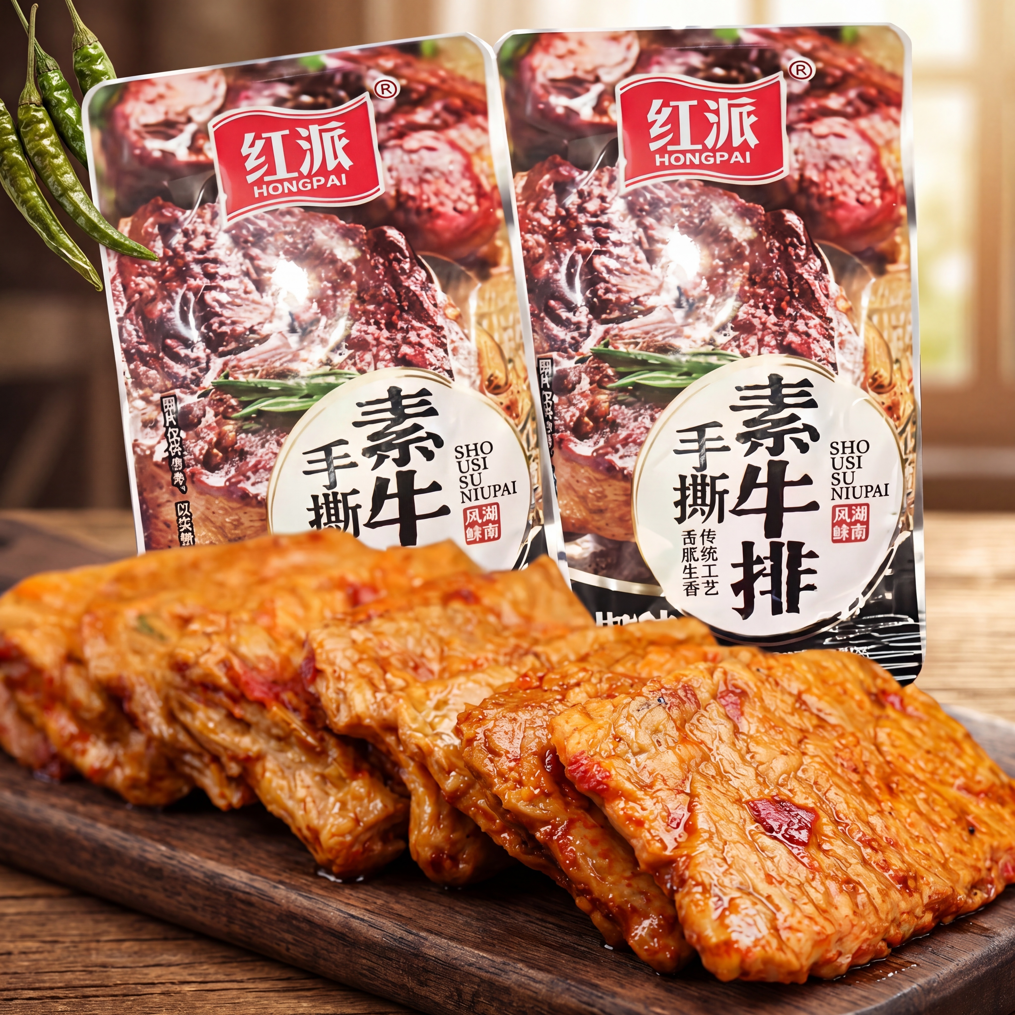 红派手撕素牛排产品，保持产品本身物理结构绝对不变，保持原有包装… - 图片创意预览