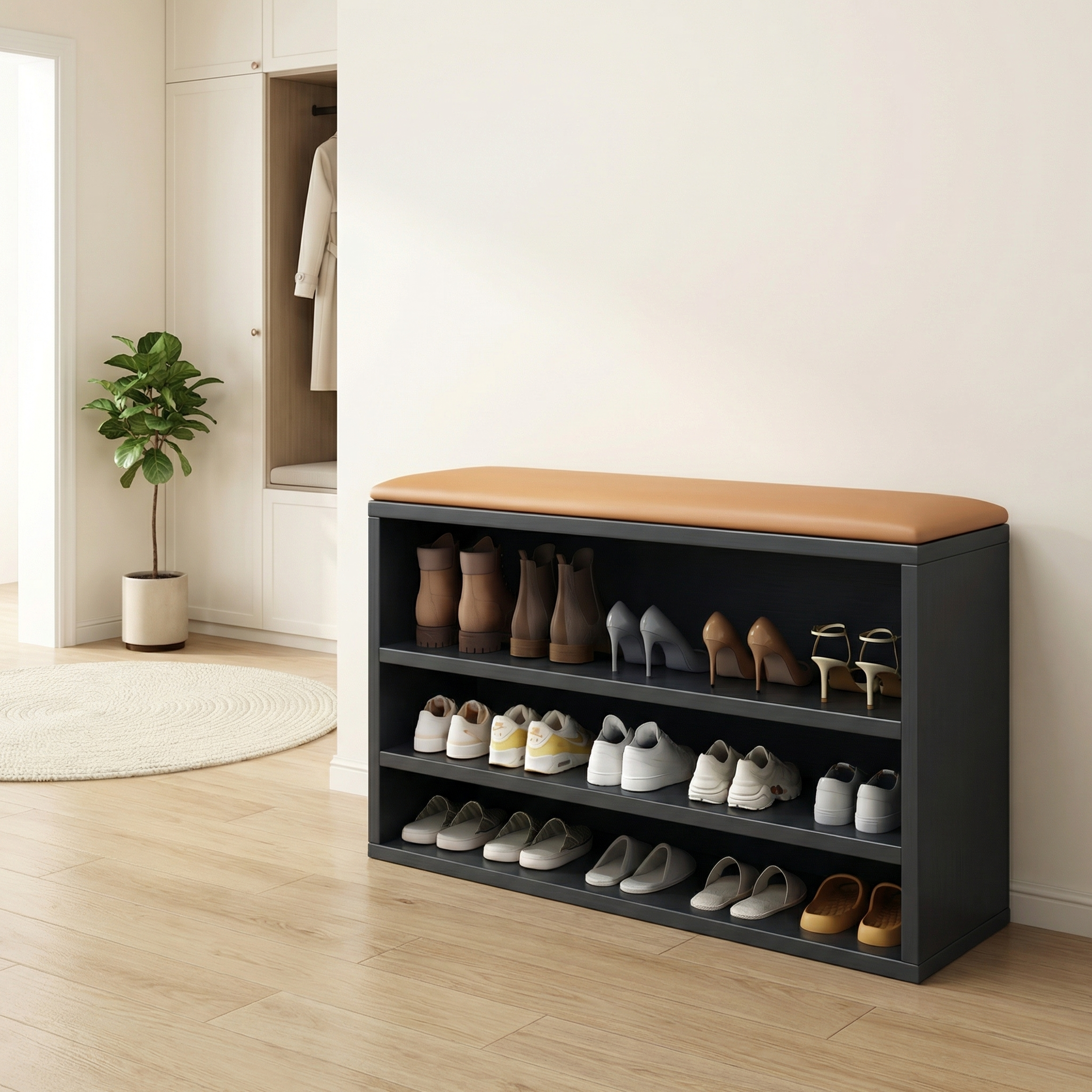 深灰色框架换鞋凳鞋柜，顶部暖棕色软坐垫，内部摆放整齐鞋款，保持… - 图片创意预览