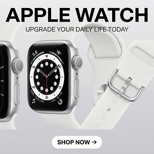 严格还原参考图中的Apple Watch产品细节，包括银铝金属表壳、白色运动表带、表盘设计、数码表冠、侧边按键、表带扣，产品尺寸比例保持1:1，8K超高清，锐度拉满，欧美高端时尚杂志风，整体风格统一高级，无割裂感，光影通透，色彩精准，真实产品摄影质感，无AI失真。1:1正方形画布，居中放置Apple Watch多角度合成全景特写（正面+侧面+表带细节），极简浅灰渐变背景，突出产品全貌；主标题："APPLE WATCH"（粗体无衬线大写，超大字号，居中），副标题："UPGRADE YOUR DAILY LIFE TODAY"（细体无衬线大写，主标题下方，居中）；中间偏下位置放置超大圆角矩形CTA按钮，白色底色，黑色大写文字"SHOP NOW →"；杂志级收官页排版，视觉焦点突出，整体风格统一，高级感拉满，引导购买，符合美国社交平台转化逻辑，负面提示词：模糊、低分辨率、产品变形、色差、多余元素、割裂感、文字错误、产品细节丢失、非1:1比例、低端质感、杂乱背景、AI失真、透视错误、光影混乱